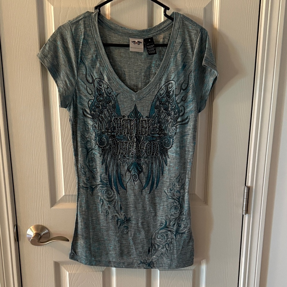 Harley-Davidson Women's Blue and Gray Winged Tee
